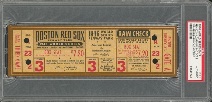 1946 World Series Red Sox vs Cardinals Game 3 Puched Full Ticket- PSA/DNA Auth